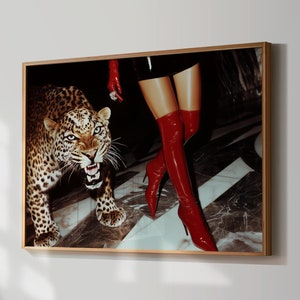 Trendy Red Boots Print Retro Leopard Poster High Fashion Poster Hypebeast Aesthetics Luxurious Wall Art Chic Designer Poster Cool Girl Photo