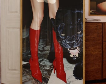 Retro Red Boots Print, Black Panther Wall Art, High Fashion Poster, Edgy Dorm Decor, Luxury Chic Apartment Digital Download