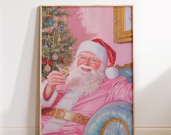 Pink Santa w Martini Wall Art | Pink Christmas PRINTABLE Art | Cute Christmas Decor | Pastel Holiday Decor | Retro Vintage Santa Claus Print