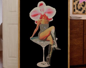 Retro Martini Poster, Orchid Flower Wall Art, Cool Girl Aesthetic Collage, Cute Drink Print Trendy Dorm Decor Girly Apartment Digital Prints