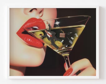 Martini Print, Horizontal Trendy Wall Art Digital Download Print Girl in 20s, Feminist Wall Art Edgy Retro Apartment Decor Kitchen Bar Print
