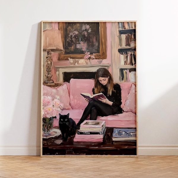 Coquette Bookish Woman Printable Wall Art, Girly Vintage Wall Prints, Preppy Aesthetics Painting, Chic Downloadable Reading Nook Decor