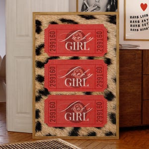 Lucky Girl Posters w Leopard Print, Retro Ticket Print, 8 Ball Print, Red Funky Art, Trendy Aesthetic Dorm Poster Retro Preppy PRINTABLE Art