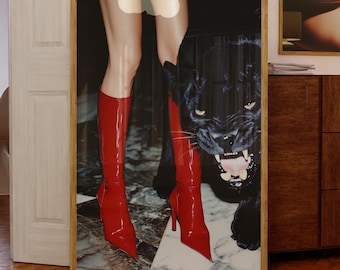High Fashion Print, Luxury Wall Art, Fashion Model & Panther Poster, Hypebeast Aesthetic, Modern Chic Art, Vogue Magazine Print, Red Boots