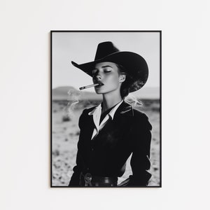 Black & White Cowgirl Art Print, Western Aesthetic Decor Cowgirl Poster Southwest Wall Art Retro Western Art Bar Cart Prints Smoking Poster