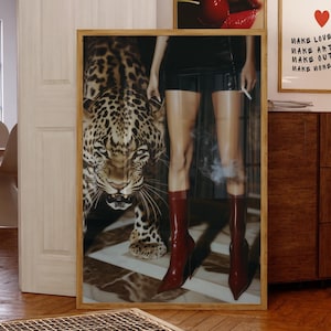 Trendy Red Boots Print Retro Leopard Poster High Fashion Poster Hypebeast Aesthetics Luxurious Wall Art Chic Designer Poster Cool Girl Photo