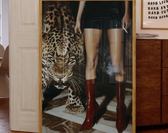 Trendy Red Boots Print Retro Leopard Poster High Fashion Poster Hypebeast Aesthetics Luxurious Wall Art Chic Designer Poster Cool Girl Photo