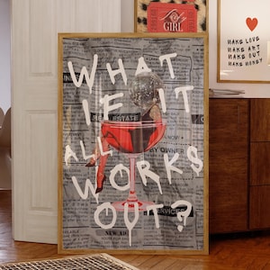 What If It All Works Out Retro Newspaper Print, Funky Cocktail Art, Trendy Wall Art, Typography Poster, Apartment Aesthetic Disco Ball Print