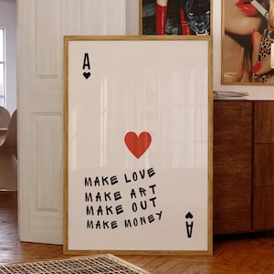 Trendy Ace of Hearts Wall Art Print, Make Love Make Art Poster Retro Trendy Aesthetic Print Black Playing Card Poster Printable Preppy Print