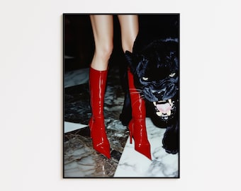 Fashion Print Preppy Aesthetics Poster Leopard Red Boots Trendy Wall Art Retro Apartment Art Printable Bar Cart Print Girl Boss Office Decor