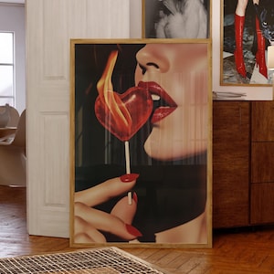 Retro Femme Fatale Art, Flaming Lollipop Heart Printable, Red Aesthetics Poster 70s Aesthetic Print Girly Gallery Print Preppy Apartment Art