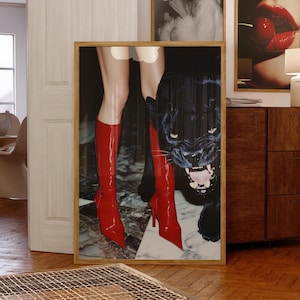 Fashion Print Preppy Aesthetics Poster Leopard Red Boots Trendy Wall Art Retro Apartment Art Printable Bar Cart Print Girl Boss Office Decor