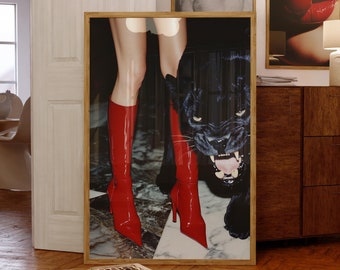 Fashion Print Preppy Aesthetics Poster Leopard Red Boots Trendy Wall Art Retro Apartment Art Printable Bar Cart Print Girl Boss Office Decor