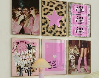 Pink Wall Art Set of 6 – Trendy Leopard Print, Girly Dorm Decor, Chic Apartment Aesthetic Posters