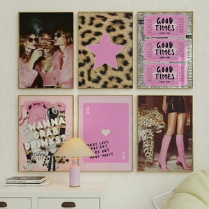 Pink Leopard Wall Art Set - Black and Pink Gallery - 6 Trendy Fashion Stylish Prints, Decor Office Aesthetic Girly Wall Art Fashion Magazine