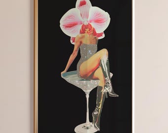 Vintage Retro Print, Trendy Wall Art, Retro Collage Wall Art, Trendy Dorm Decor, Martini Cocktail Print Orchid Poster Black & Pink Aesthetic
