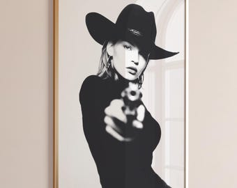 Cool Girl Cowgirl Print – Black & White Digital Poster, Western Aesthetic Wall Art for Dorms, Chic Apartments