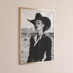 Black & White Cowgirl Art Print, Western Aesthetic Decor Cowgirl Poster Southwest Wall Art Retro Western Art Bar Cart Prints Smoking Poster