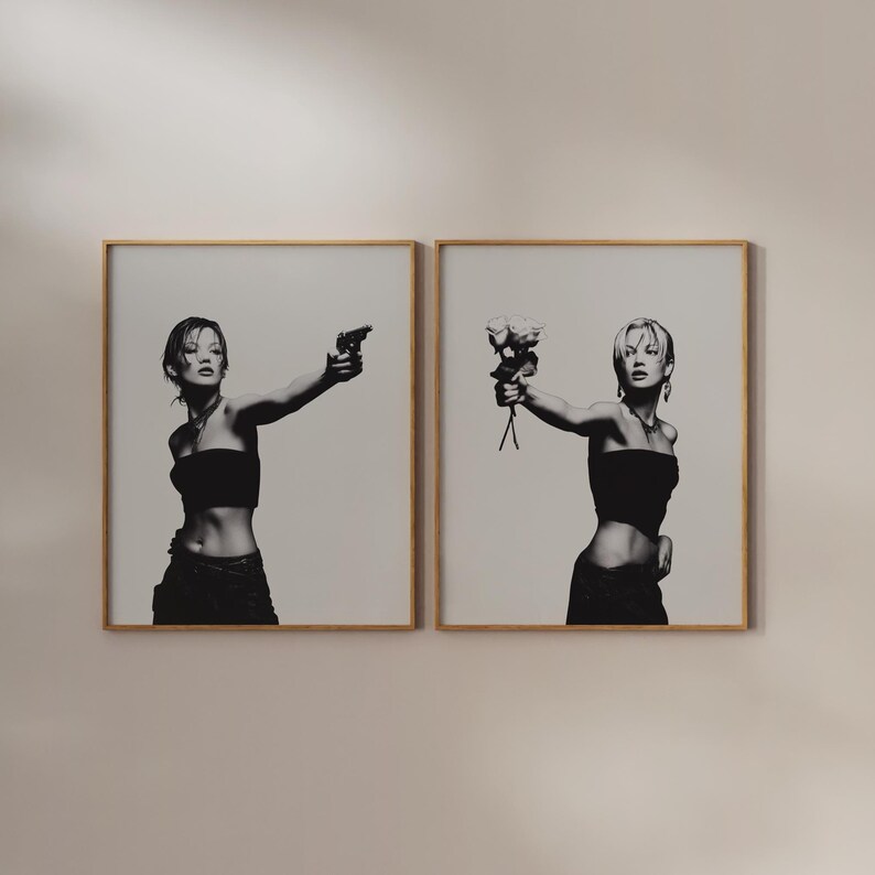 CHOICES Poster Set of 2 — black and white fashion wall art featuring a bold model holding a gun in one print and roses in the other, symbolizing duality, peace vs chaos. Minimalist chic and editorial, this set of 2 prints brings It-girl energy, femme fatale glamour, and main character vibes to any dorm room, apartment, or gallery wall. Perfect statement art for Gen Z, millennials, and modern cool-girl interiors.
