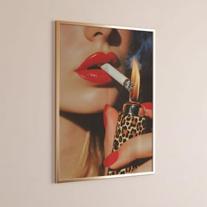 Retro Lighter Print, Leopard Matchbox Print, Femme Fatale, Woman Smoking Photo, Red Aesthetics Poster 70s Aesthetic Print, Girly Gallery Art