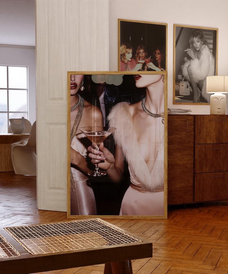 Retro Vintage Photo of Woman with Martini Old Hollywood Glam Luxurious Wall Art Trendy Apartment Fashion Art Stylish Print Old Money Aesthetic Poster