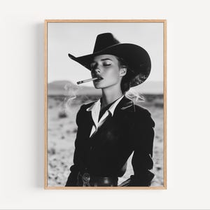 Black & White Cowgirl Art Print, Western Aesthetic Decor Cowgirl Poster Southwest Wall Art Retro Western Art Bar Cart Prints Smoking Poster