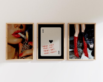 Trendy Retro Set Of 3 Piece Wall Art, Retro Boot Print, Playing Card Art, Leopard Poster, Matchbox Print, 3 Piece Wall Art, Red Wall Art Set