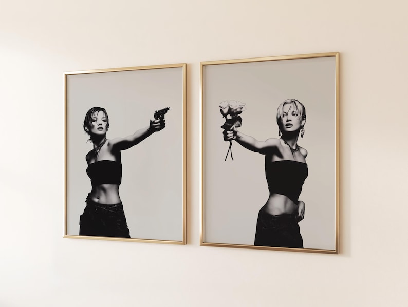 CHOICES Poster Set of 2 — black and white fashion wall art featuring a bold model holding a gun in one print and roses in the other, symbolizing duality, peace vs chaos. Minimalist chic and editorial, this set of 2 prints brings It-girl energy, femme fatale glamour, and main character vibes to any dorm room, apartment, or gallery wall. Perfect statement art for Gen Z, millennials, and modern cool-girl interiors.