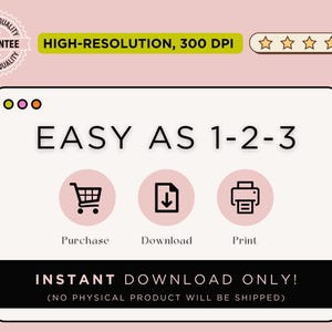 Op de afbeelding: Advertentie voor een digitaal product met een roze achtergrond. De tekst "EASY AS 1-2-3" staat boven drie pictogrammen: een winkelwagen, een downloadpijl en een printer. De tekst "INSTANT DOWNLOAD ONLY!" staat eronder, met een "Premium Quality"-zegel.