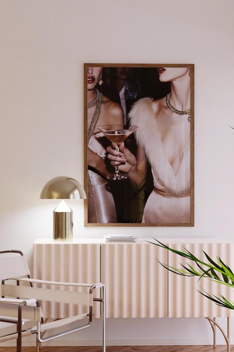 Retro Vintage Photo of Woman with Martini Old Hollywood Glam Luxurious Wall Art Trendy Apartment Fashion Art Stylish Print Old Money Aesthetic Poster