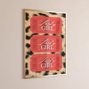Retro Ticket Poster, Lucky Girl Wall Art w Leopard Print, Lucky 8 Ball Print, Red Maximalist Print Trendy Dorm Decor Preppy Prints Funky Art