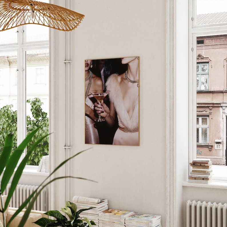 Retro Vintage Photo of Woman with Martini Old Hollywood Glam Luxurious Wall Art Trendy Apartment Fashion Art Stylish Print Old Money Aesthetic Poster