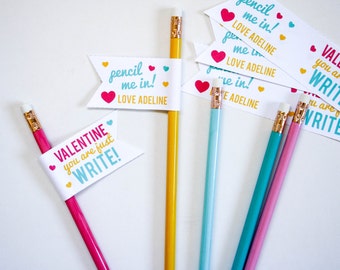DIGITAL Valentine PENCIL FLAGS - diy printable with signature