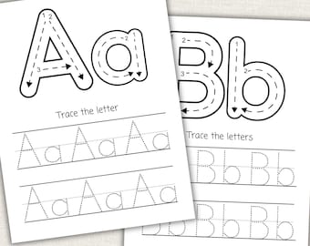 May include: Two white educational worksheets featuring the letters A and B in uppercase and lowercase. Each sheet includes large outlined letters with numbered directional arrows for tracing, followed by rows of dotted letters to trace.