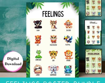 Puede incluir: Un conjunto de tres carteles imprimibles con animales de la selva que muestran diferentes emociones. Los carteles se titulan "Feelings" y "I Feel..." e incluyen palabras como "calma", "feliz", "emocionado", "tímido", "frustrado", "juguetón", "confundido", "triste", "asustado", "amado", "sorprendido" y "ansioso".