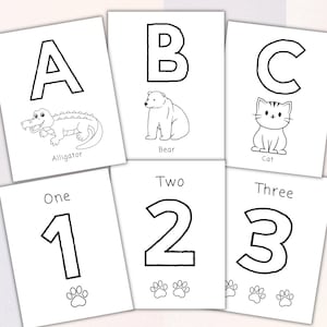 May include: Six white educational flashcards featuring black line art. The top row displays letters A, B, and C with illustrations of an alligator, bear, and cat. The bottom row shows numbers 1, 2, and 3 with corresponding paw print icons below.