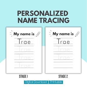 May include: Two white rectangular worksheets for personalized name tracing. Each sheet features the text 'My name is' with a pencil icon, followed by the name 'Trae' in solid and dotted lines. The labels 'STAGE 1' and 'STAGE 2' appear below.