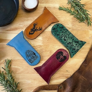 Leather Cast Iron Handle Sleeve, Custom Color and Engraving