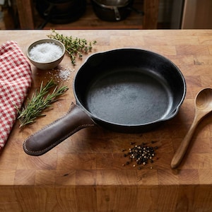 May include: A black cast iron skillet with a brown leather handle cover rests on a wooden cutting board. A small bowl of salt, herbs, a wooden spoon, and peppercorns are arranged around the skillet. A red and white checkered cloth is on the left.
