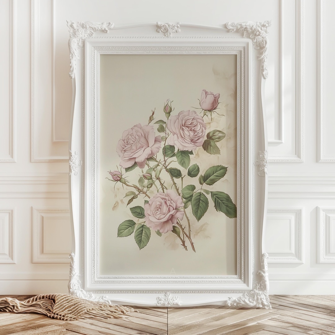 Vintage Floral Wall Art, Antique Rose Print, Pink Botanical Sketch ...