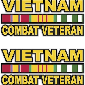 May include: Yellow and black sticker with the text "VIETNAM" and "COMBAT VETERAN". A red, white, and yellow ribbon is above the text.