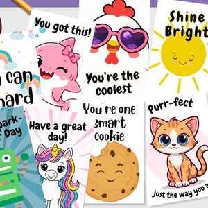 Peut inclure: Notes de déjeuner téléchargeables avec des illustrations colorées. Les notes présentent des messages encourageants et des personnages mignons comme un requin, un poulet, un chat et une licorne. Le texte comprend des phrases comme "You got this!" et "Shine Bright."