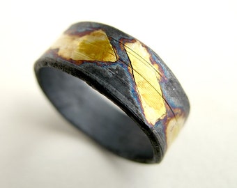 Gold and Oxidized Silver Ring Texture Silver With 24kt Gold Ring Us Size 8 Black Silver Jewelry