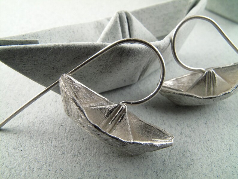 Origami Jewelry Silver Boat Earrings Origami Boat Earrings image 2