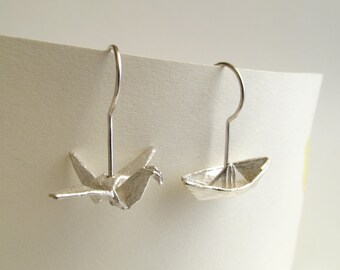 Origami Earrings Silver Crane and Boat earrings Origami Crane Origami Bird Origami Boat Origami Jewelry