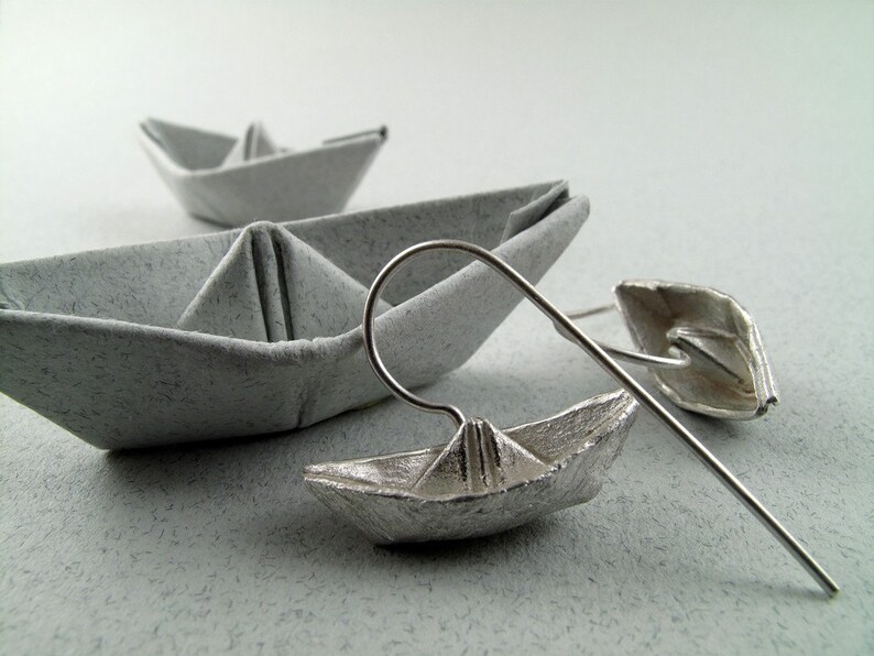 Origami Jewelry Silver Boat Earrings Origami Boat Earrings image 4