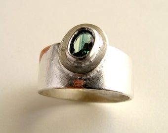 Green Sapphire Ring Sterling Silver Textured Ring With Natural Green Faceted Sapphire Ring For Men