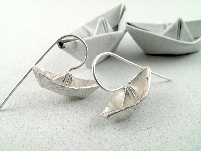 Origami Jewelry Silver Boat Earrings Origami Boat Earrings image 1