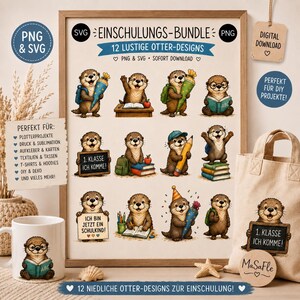Puede incluir: Un paquete de descarga digital con 12 diseños de nutrias para proyectos escolares. Los gráficos incluyen nutrias con útiles escolares, mochilas, libros y conos. El texto incluye EINSCHULUNGS-BUNDLE, 12 LUSTIGE OTTER-DESIGNS y 1. KLASSE ICH KOMME.