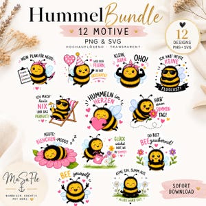 Puede incluir: Un paquete digital de 12 diseños con temática de abejas que presenta abejas de dibujos animados en varias poses con texto en alemán. La colección incluye ilustraciones de abejas con corazones, flores, gafas de sol y sombreros de fiesta.